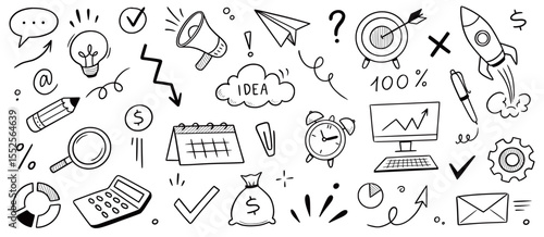 Business sketch icon money and idea set. Hand drawn sketch elements for team, goal, startup and success. Business icon chart, office clock, rocket progress job concept. Vector illustration