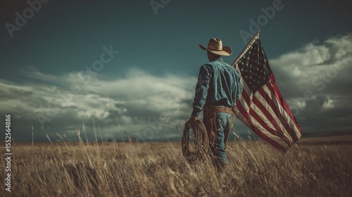 , Young American Cowboy with US Flag,4 July , USA