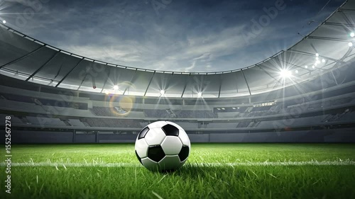 A vibrant soccer stadium scene with a ball on the lush green field, bright stadium lights illuminating the atmosphere