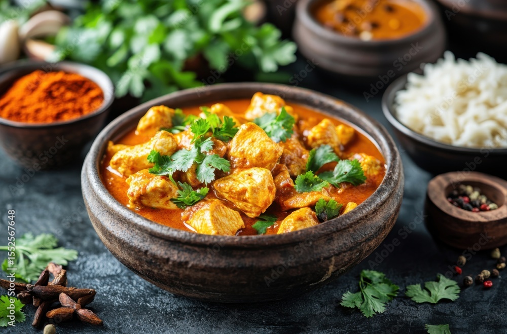 Gourmet Indian Chicken Tikka Masala in a rustic bowl, surrounded by side dishes and spices, coriander garnish, rich orange curry sauce Gourmet Indian Chicken Tikka Masala in a rustic bowl, surrounded by side dishes and spices, coriander garnish, rich orange curry sauce