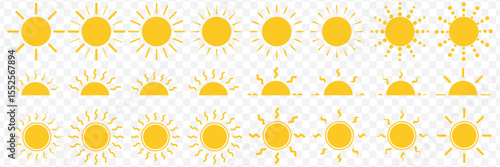 Yellow sun icons set of 24, sunshine and solar glow, sunrise or sunset. Decorative circle full and half suns and sunlight collection. Hot solar energy for tan on Transparent Background. EPS 10.