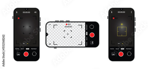 Smartphone Camera Interface Vector – Viewfinder, Grid, Focus & Record Buttons for Photo & Video | Mobile App UI Screen Icons.