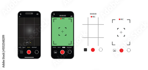 Smartphone Camera Interface Vector – Viewfinder, Grid, Focus & Record Buttons for Photo & Video | Mobile App UI Screen Icons.