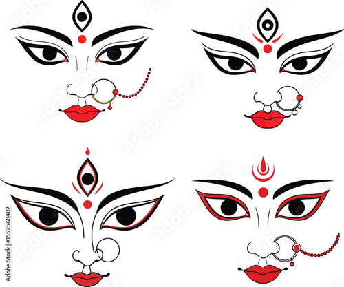 Goddess Durga Face Vector Illustration Set for Durga Puja and Navratri Festival .