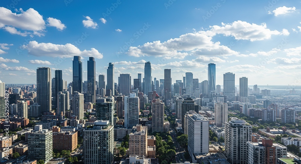 Fototapeta premium Cityscape with tall buildings under a blue sky with scattered clouds.