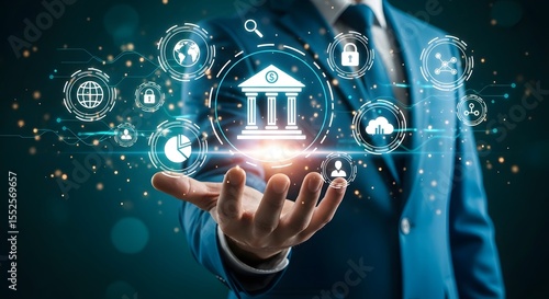 Digital banking interface with businessman holding holographic icons of bank, cloud, security, and financial services in blue tone.

