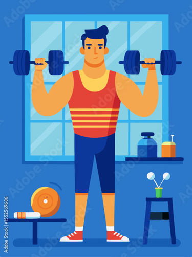 Stylized design featuring a weightlifter lifting dumbbells inside a home gym setting, useful for fitness apps and gym posters.