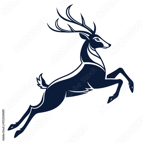 Majestic dark blue deer leaping gracefully on a white background