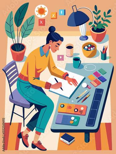 Woman is sketching at her desk surrounded by plants, art supplies, and warm light for creative graphic design work.