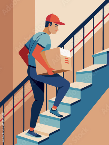 A delivery man carries a cardboard box up the stairs, perfect for logistics, moving companies, and transportation themes.