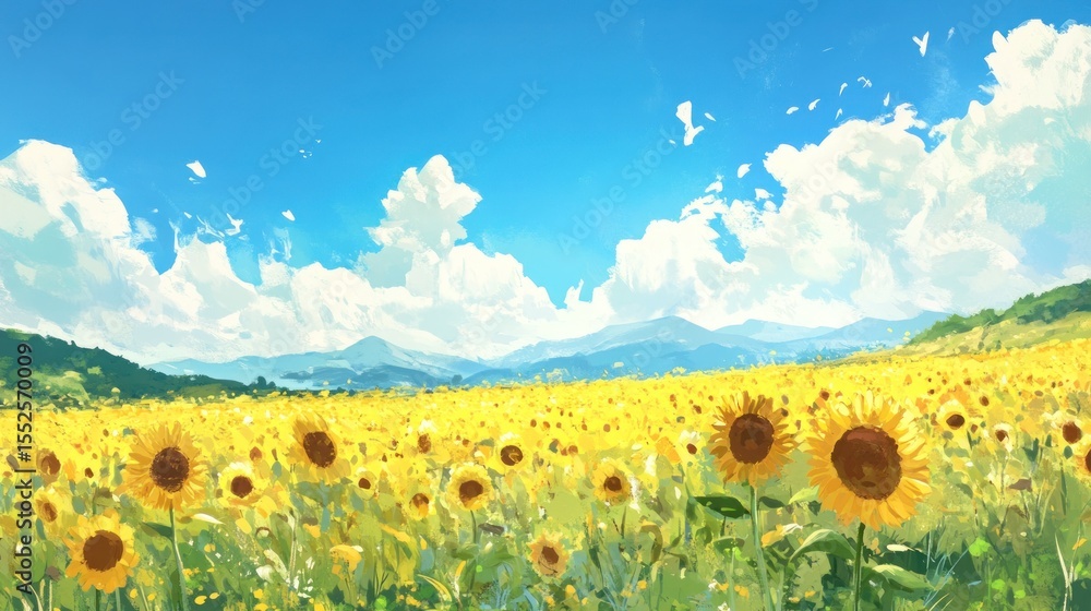 Obraz premium Sunny sunflower field, vast landscape