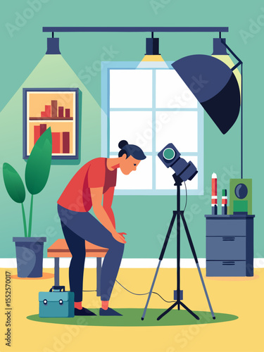 Flat design portraying a photographer setting up equipment in studio, ready for session with camera on tripod and softbox for professional photography.