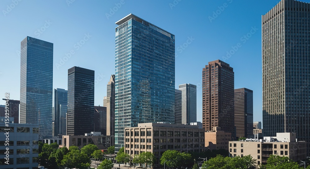 Fototapeta premium Cityscape with tall buildings and trees under a clear blue sky.