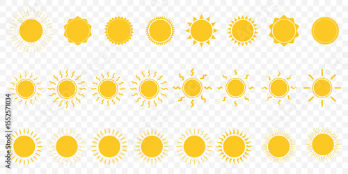Yellow sun icons set of 24, sunshine and solar glow, sunrise or sunset. Decorative circle full and half suns and sunlight collection. Hot solar energy for tan on Transparent Background. EPS 10.