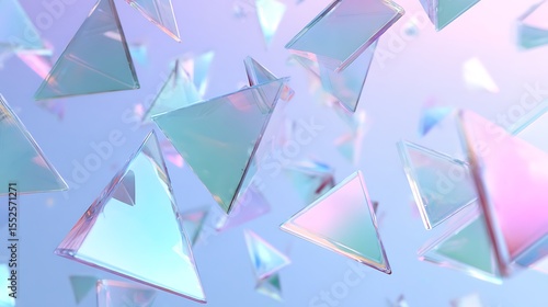 Holographic Glass Triangles Floating on Light Purple Background in Abstract Geometric Composition