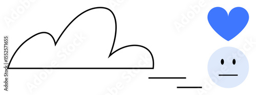 Cloud with simple lines, neutral face below blue heart. Ideal for emotions, mindfulness, meditation, minimalism, tranquility, self-care, support themes simple landing page