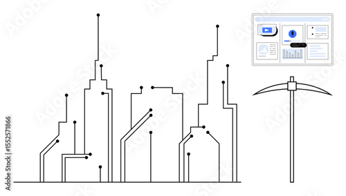 Stylized smart city skyline with circuit lines, computer dashboard displaying analytics, and mining pickaxe, symbolizing data mining, technology innovation, and digital analysis. Ideal