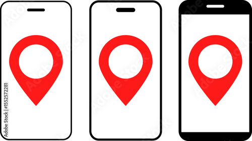 Smartphone with location icon set.  Map pin and icon. global positioning system. instant navigation service
