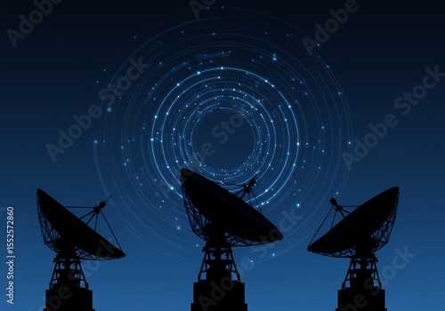 Three satellite dishes receive signals in the darkness, with glowing digital circles in the background representing data transmission.