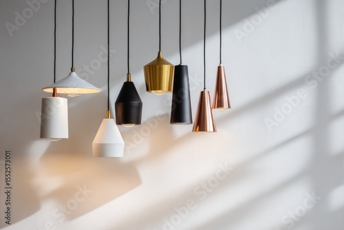 Various pendant lights hanging from a white wall