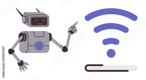 Robot gesturing toward wireless signal strength icon representing network access, innovation, automation, and technology. Ideal for AI, communication, internet services, connectivity, robotics