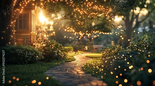 Enchanting garden path illuminated with whimsical fairy lights at twilight