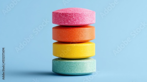 Magnesium supplement. Colorful stacked round candies on a blue background create a playful and vibrant visual appeal.