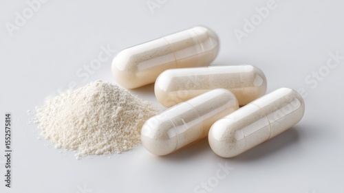 Magnesium supplement. Capsules and powder, representing dietary supplements or pharmaceutical products.