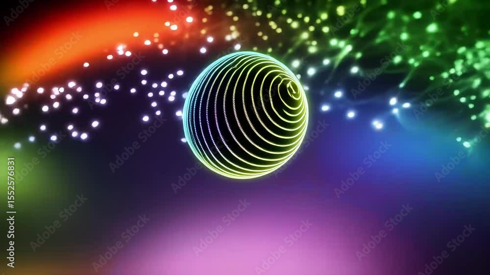 A spherical object with concentric circles surrounded by glowing particles on a dark background