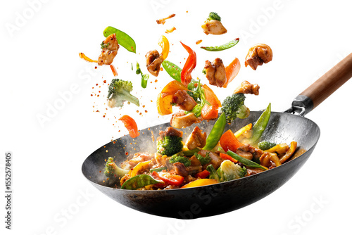 Colorful chicken stir fry with vegetables in hot wok isolated on transparent background with flying ingredients and spices