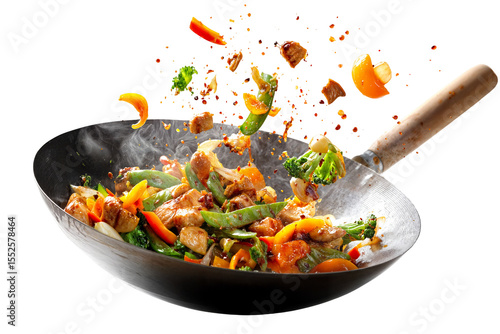 Colorful chicken stir fry with vegetables in hot wok isolated on transparent background with flying ingredients and spices