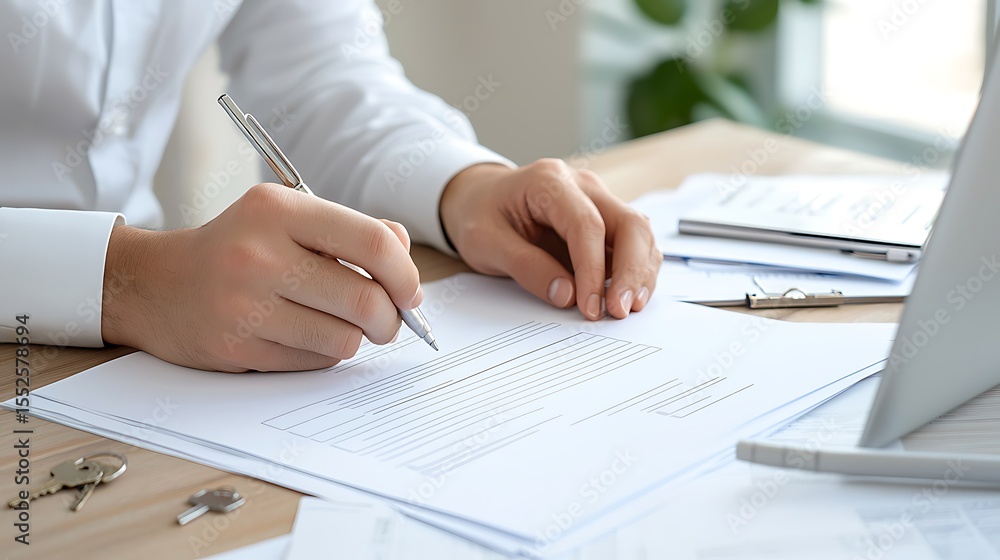 Professional signing documents at a modern office desk Professional signing documents at a modern office desk