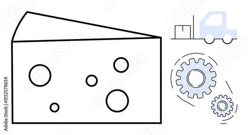 Cheese wedge with holes, rotating gears, and a delivery truck outline. Ideal for supply chain, manufacturing, logistics, automation, production process, food industry simple flat metaphor