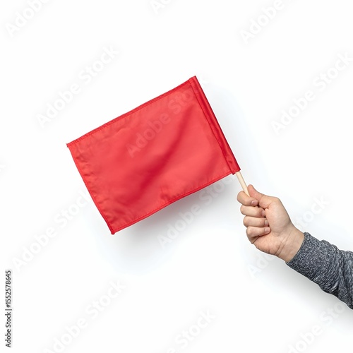 Individual holds a bright red flag to signal a warning at an unspecified location