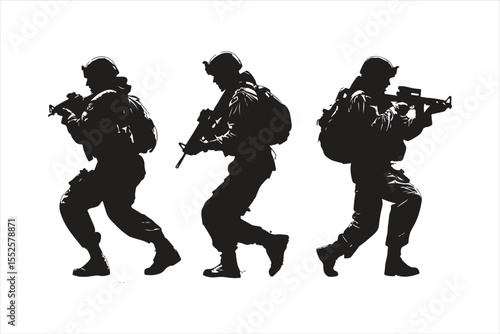 silhouettes of military soldiers, silhouette, vector, people, illustration, silhouettes, child, sport, black, boy, dance, baby, children, men, soldier, woman, action, art, family, karate, music, playi