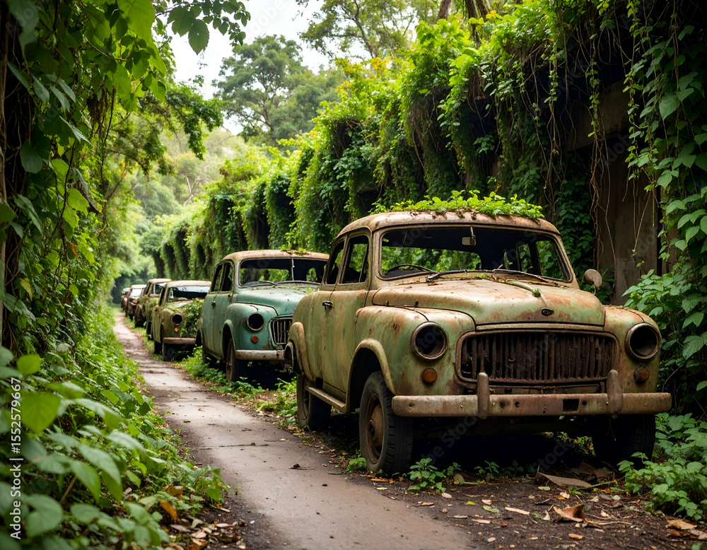Overgrown Road Post-Apocalyptic Vines Embrace Abandoned Cars Overgrown Road Post-Apocalyptic Vines Embrace Abandoned Cars