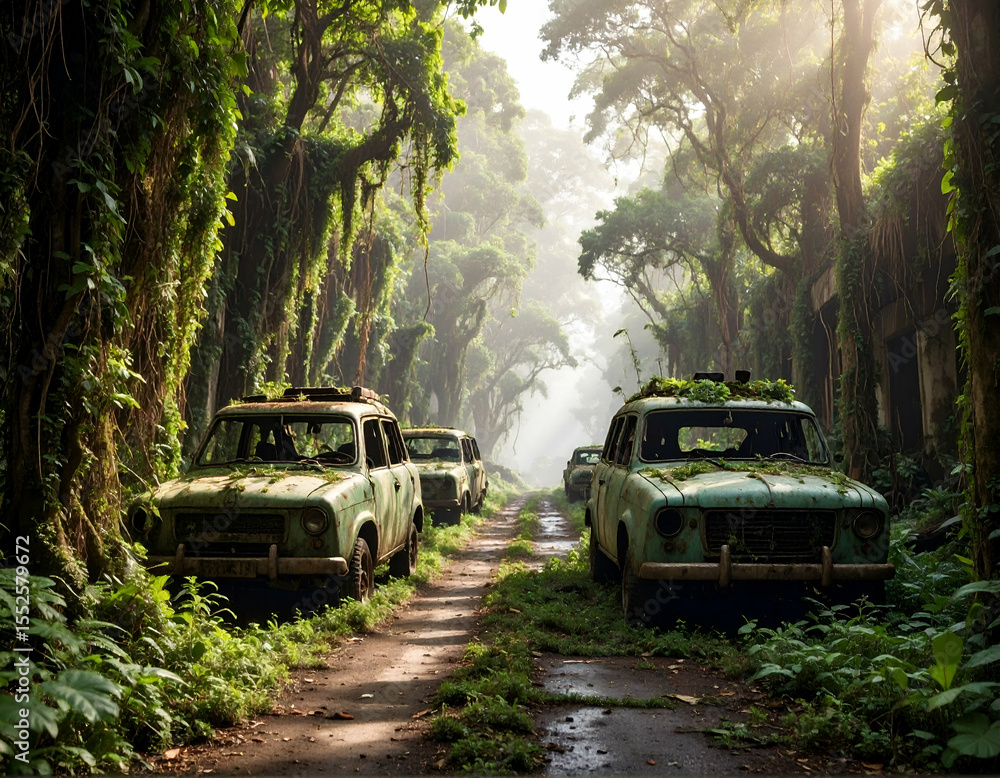 Post-Apocalyptic Road Firefly's Overgrown Path of Abandoned Vehicles Post-Apocalyptic Road Firefly's Overgrown Path of Abandoned Vehicles