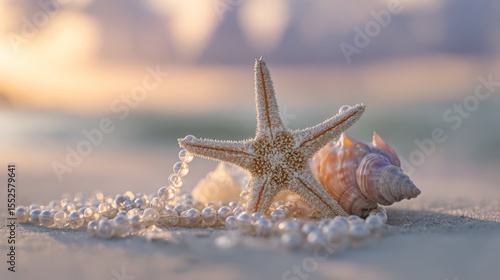 Seashells and starfish on beach at sunrise