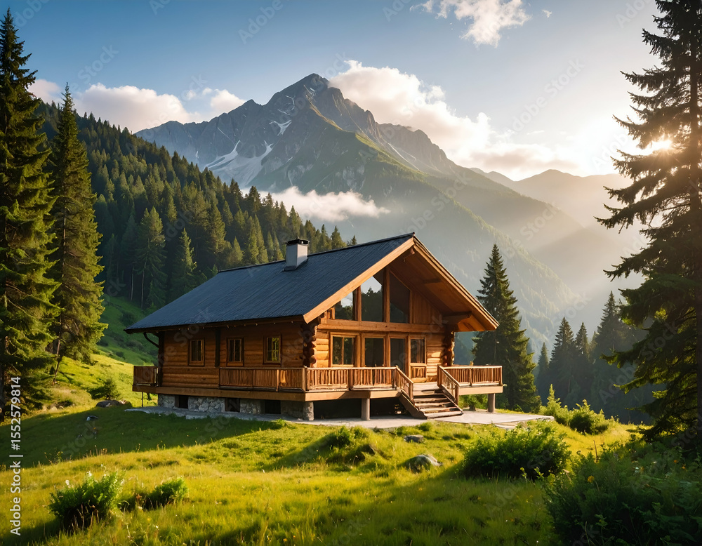 Fototapeta premium Serene Mountain Cabin Firefly Nights & Alpine Views