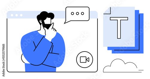 Male character thinking in video call interface beside text document and cloud icons. Ideal for online learning, remote work, data sharing, brainstorming, collaboration, technology, simple landing
