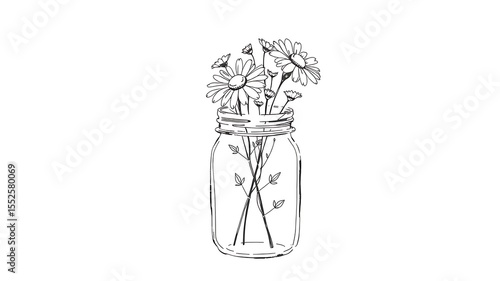 Delicate hand drawn daisies and greenery in a mason jar against white background