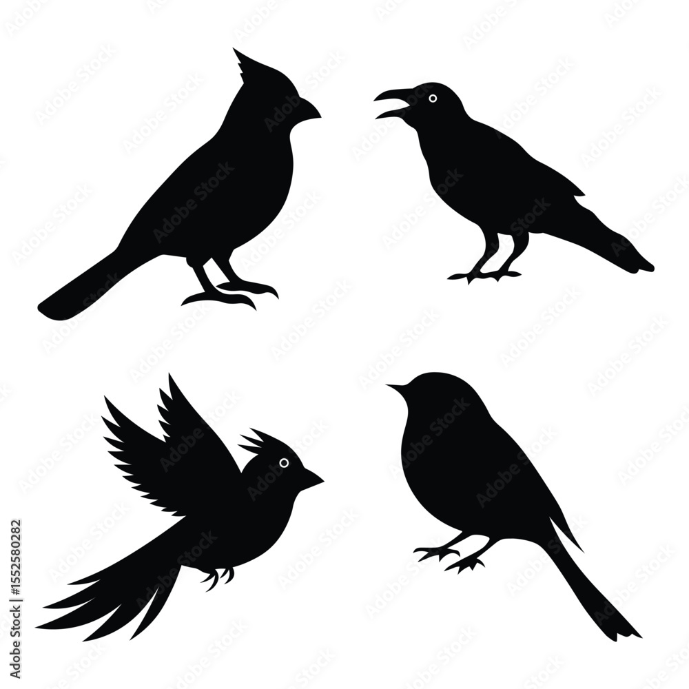 Fototapeta premium Set of silhouettes of flying bird. Flying and perched birds black clipart. Editable Vector birds of prey or predatory birds. Vector Illustration.