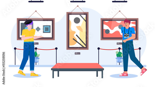 Two people viewing abstract art in a gallery, suitable for art and culture publications, website banners, interior design concepts.
