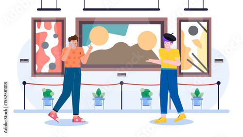 Two people engage with abstract art in a contemporary art gallery; ideal for showcasing modern art, museum exhibits, cultural events.