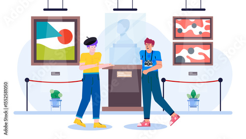 Two people observing art and a bust in an art gallery, suitable for cultural content, art appreciation, exhibitions, and history.