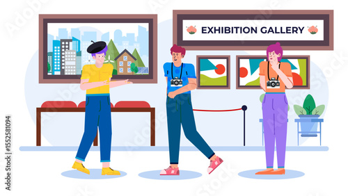 People viewing art in an exhibition gallery; suitable for art exhibitions, galleries, cultural events, marketing materials, and brochures.