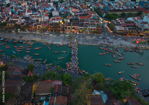 Wallpaper Mural Aerial view of Hoi An old town or Hoian ancient town. Royalty high-quality free stock image top view of Hoai river and boat traffic. The most popular touristic destinations, UNESCO world heritage Torontodigital.ca