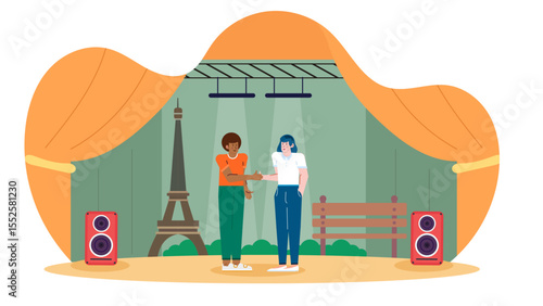 Two people shaking hands on a stage with speakers and Eiffel Tower in the background. Suitable for business meetings or international events promotion.
