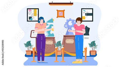 Two people exploring an art gallery, admiring modern artwork and sculptures. Suitable for artistic and cultural themes in design projects.