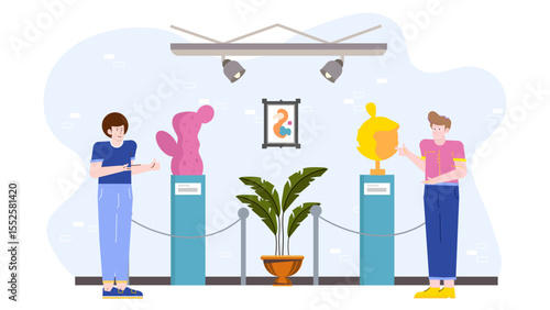 Two people exploring contemporary art installations in an art museum. Suitable for illustrating art appreciation, modern culture, and museum visits.